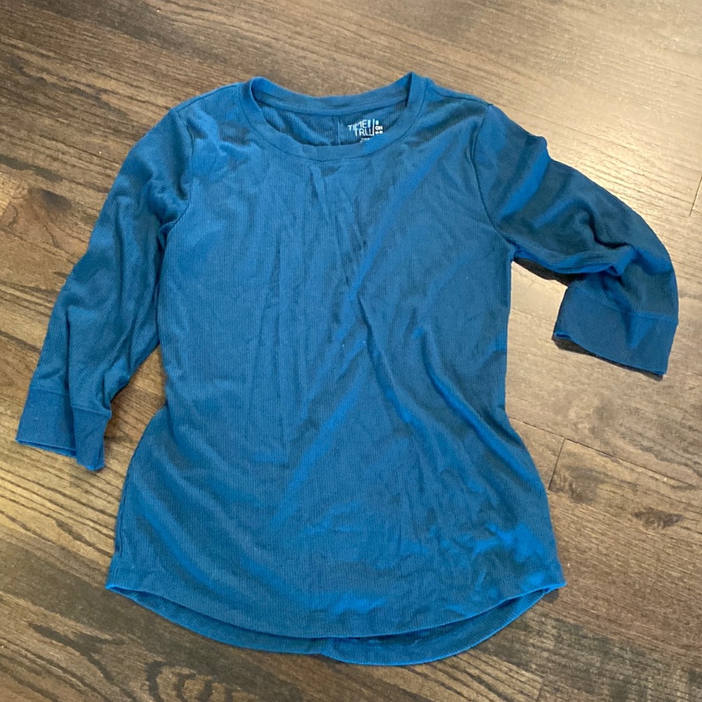 Time and True Blue Green Teal 2/4 Sleeve Ribbed Shirt Small S EUC
